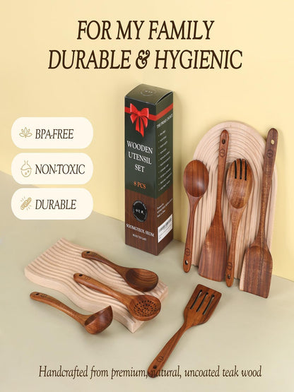 Skiennix 8-Piece Natural Teak Wood Utensil Set - Eco-Friendly Nonstick Cooking Spoons & Spatulas