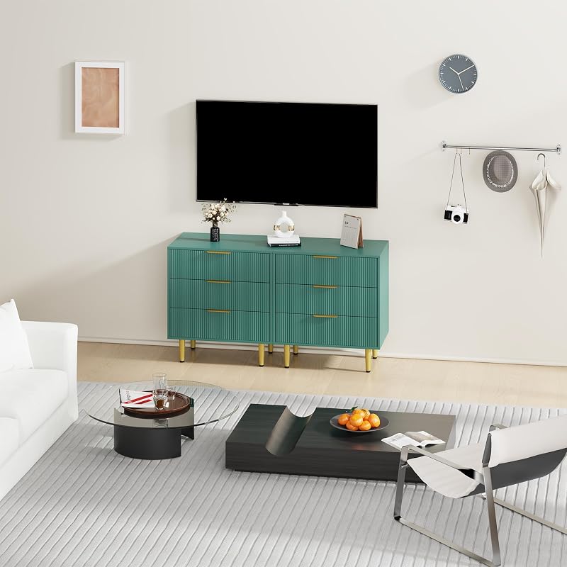 3-Drawer Storage Chest with Vertical Groove Panels and Tapered Metal Legs - Green, 28" × 16.9" × 29.9"