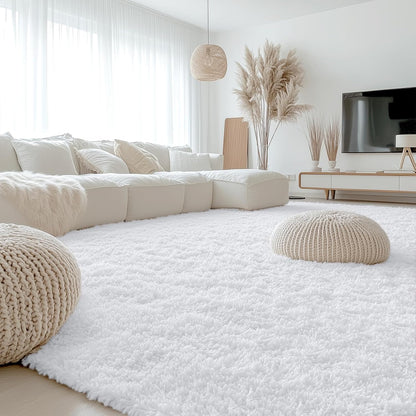 OLANLY 8x8 Large Area Rug - Soft Fluffy Shaggy Carpet for Living Room & Bedroom | White Indoor Decor