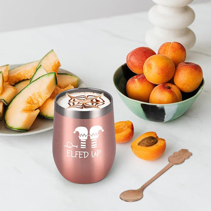 Qtencas 12 Oz Stainless Steel Christmas Wine Tumbler Set with Spoon - 4 Pack, Rose Gold