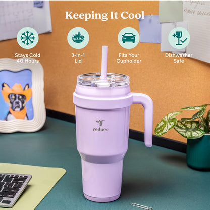 Reduce 40 oz Stainless Steel Tumbler - Insulated Travel Mug with Handle & Reusable Straw | Keeps Drinks Cold for 24 Hrs, Dishwasher Safe - Palm Leaf