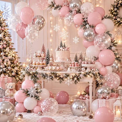 Pink and Silver Balloons 50 Pcs Snowflake Winter Wonderland — Variation Pink White Snowflake