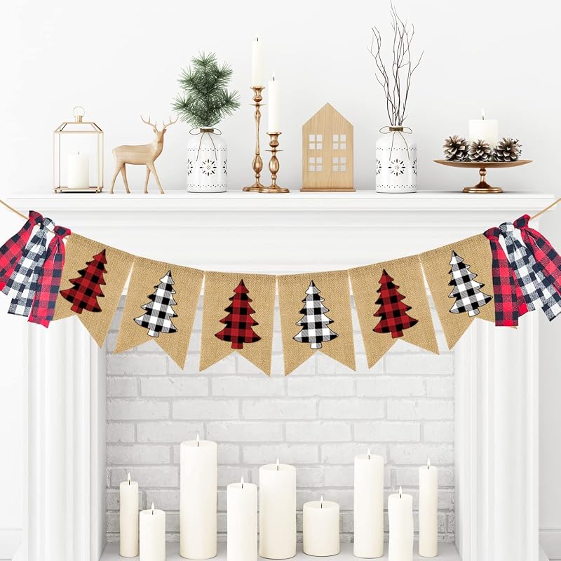 Buffalo Plaid Christmas Burlap Banner Garland with Tassels - 13x18cm Holiday Wall Decor