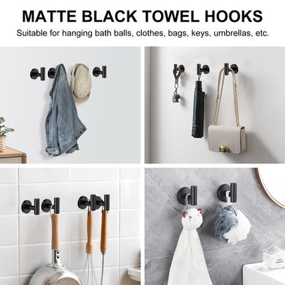 SetSail Towel Hooks for Bathrooms 4 Packs Screw-in Matte Black Bathroom Towel Hook Wall Mounted Stainless Steel Shower Towel Hooks for Coat Hanging, Drill Hole