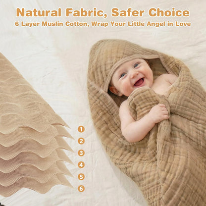 Skiennix Hooded Baby Bath Towels - Soft 100% Muslin Cotton, 6-Layer Absorbent, 32x32 Inch, Unisex 2 Pack