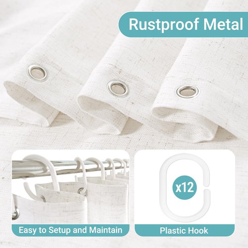White Linen Shower Curtain for Bathroom Cream Boho Farmhouse Shower Curtains Natural Aesthetic Bath Decor Weighted Cloth Fabric Linen Textured Bath Curtain Liner with Hooks Set, White Linen, 72 Inch