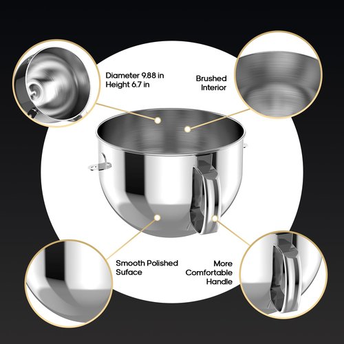HOZODO Stainless Steel Bowl for KitchenAid 6QT Bowl-Lift Mixers | 6-Quart Replacement with Handle, Compatible with Attachments & Stand Mixer Accessories