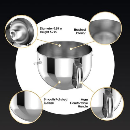 HOZODO Stainless Steel Bowl for KitchenAid 6QT Bowl-Lift Mixers | 6-Quart Replacement with Handle, Compatible with Attachments & Stand Mixer Accessories