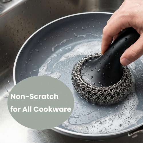 Cast Iron Scrubber - 316 Chainmail Cleaner with Long Handle | Dishwasher Safe Cleaning Kit (Black)