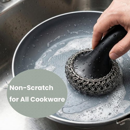 Cast Iron Scrubber - 316 Chainmail Cleaner with Long Handle | Dishwasher Safe Cleaning Kit (Black)