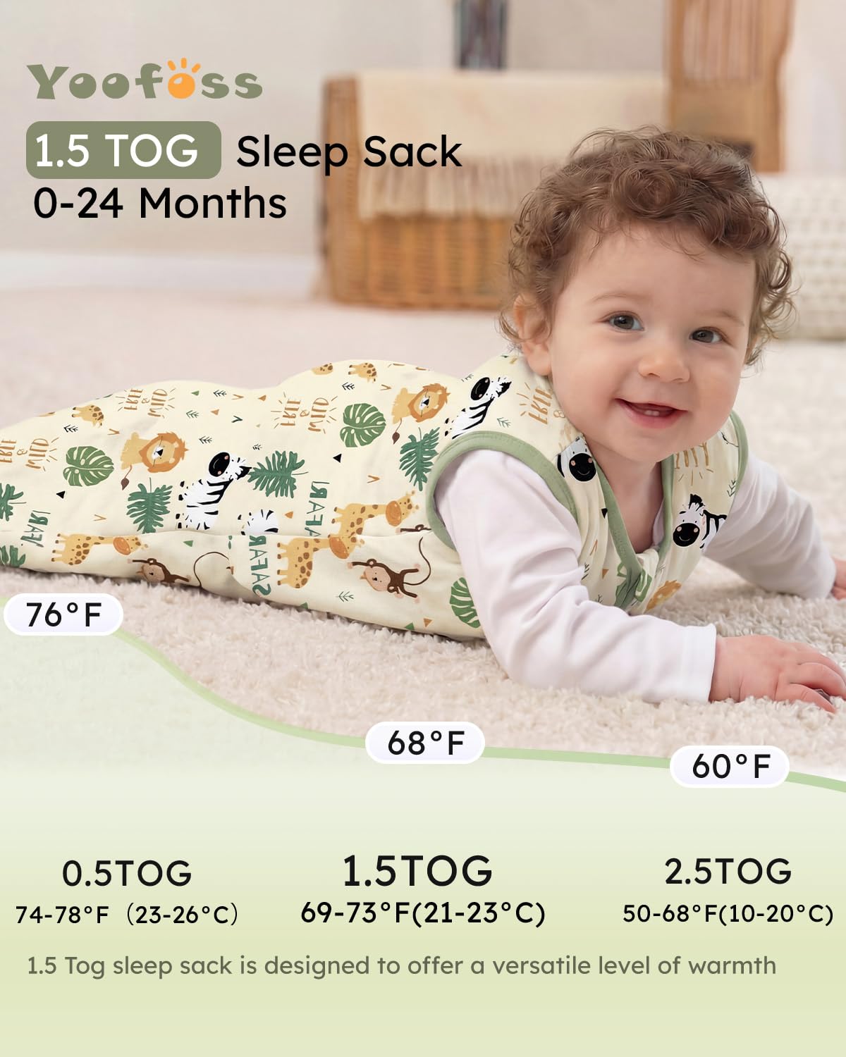 Yoofoss Baby Sleep Sack - 1.5 Tog Organic Cotton Wearable Blanket for 12-18 Months | Warm & Comfy