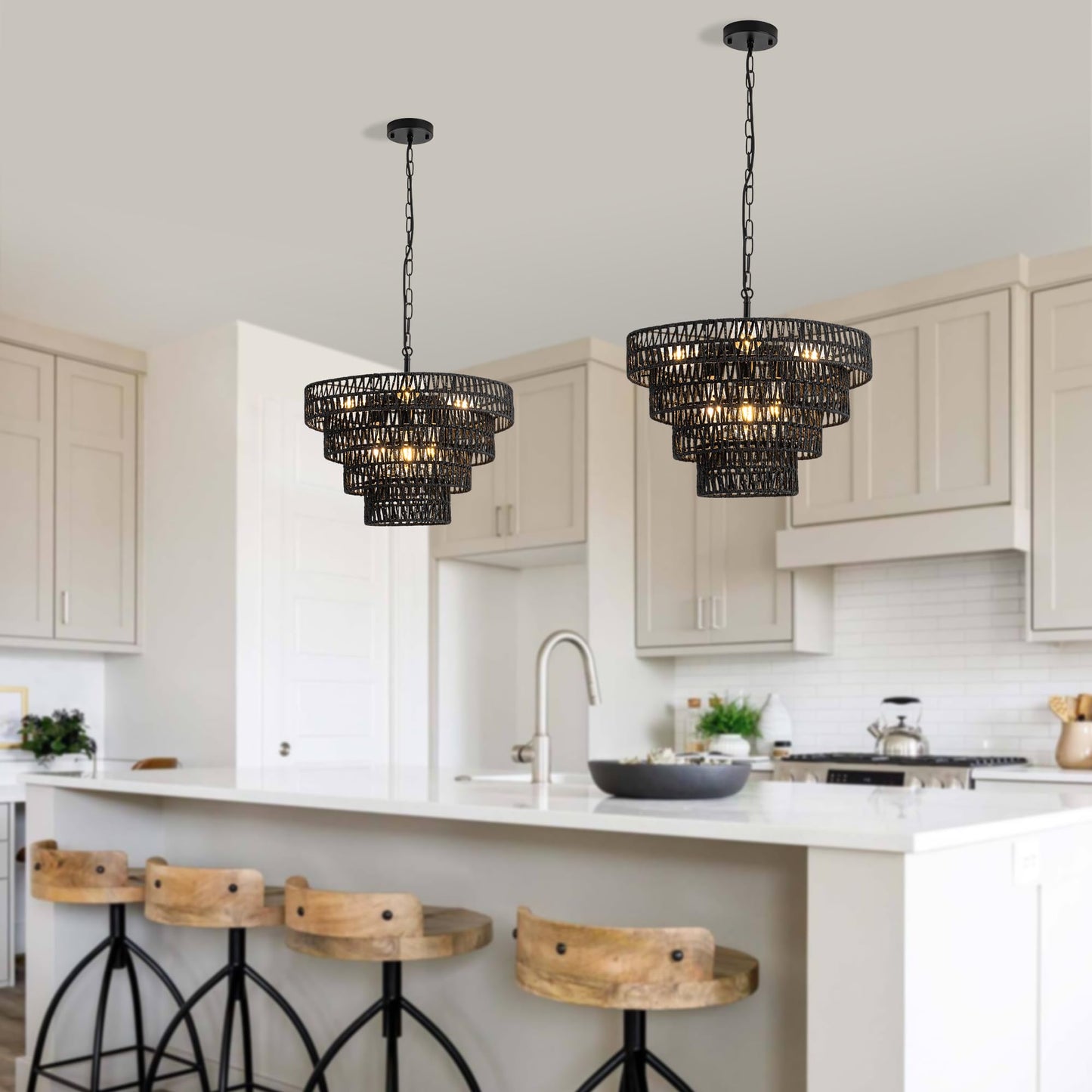 20 inch Pendant Lights Kitchen Island, 6 Lights Large Boho Chandeliers, Height Adjustable Hand Woven Rustic Farmhouse Ceiling Light for Dining Room Living Room Height Adjustable,4 tier, Black