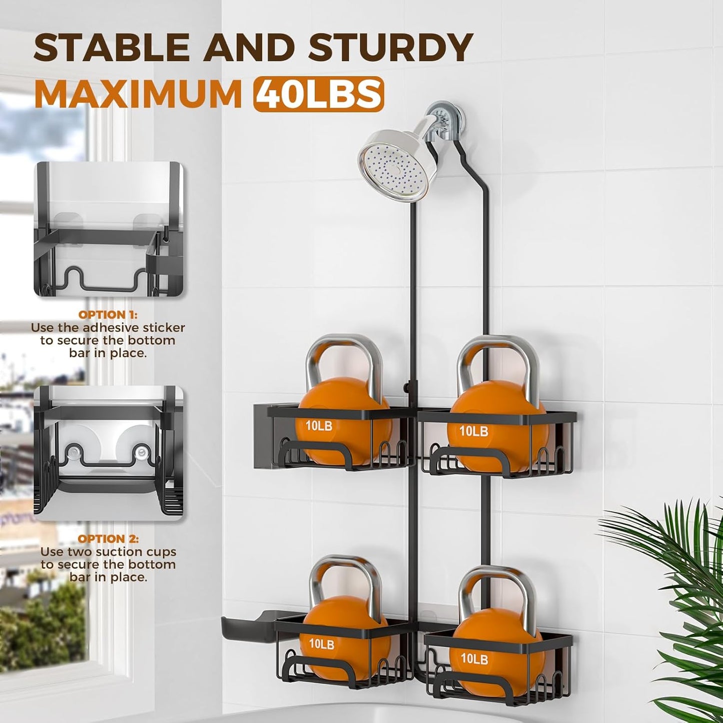 Reinhardt Adjustable Shower Caddy - Rustproof Organizer with Hooks & Soap Holder | Black