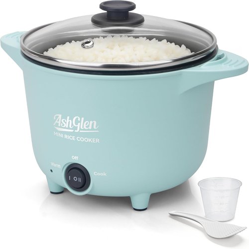 AshGlen Mini Rice Cooker - 2-Cup Uncooked | Electric Hot Pot & Steamer in Aqua Finish