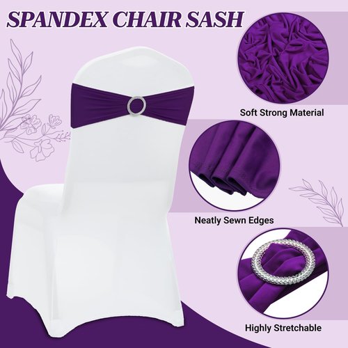 MDS Spandex Chair Sashes - Premium Stretch Covers with Buckle Slider for Weddings & Events | Purple, Pack of 50