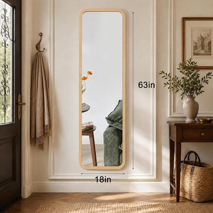 Oak Full Length Mirror with Stand 18" x 63" - Natural Wood Framed Floor Mirror