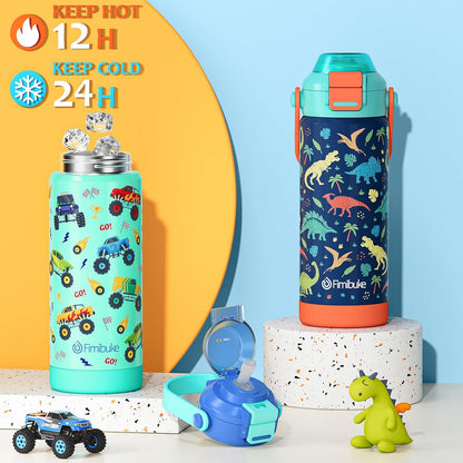Skiennix Kids Insulated Water Bottle - 18oz Leak-Proof Stainless Steel Tumbler with 2-in-1 Lid | Dinosaur & Monster Design