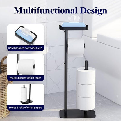 Kitsure Free Standing Toilet Paper Holder - Rustproof Metal Stand for 4 Rolls with Anti-Slip Base & Shelf | Black, Medium, 2-Pack