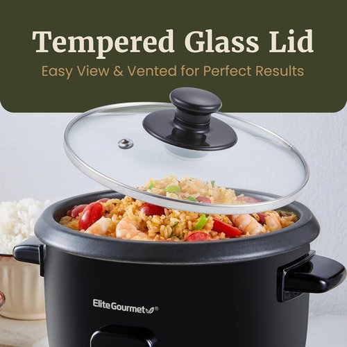 Elite Gourmet Electric Rice Cooker - Non-Stick Inner Pot & Steam Tray | 6 Cups Cooked, Black