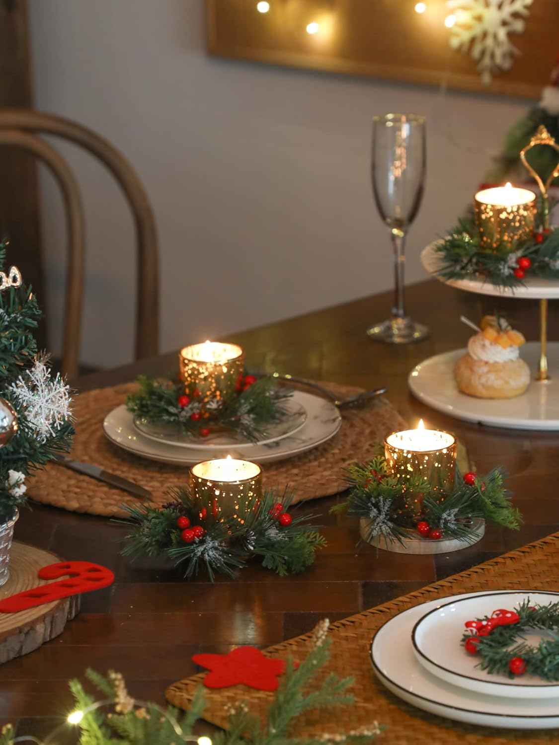 Regine Switzerland Christmas Candle Ring - 4 Pcs Votive Candles with Red Berry & Pinecone | Festive Table Centerpiece Decor