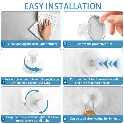 Hviiso Suction Cup Hooks, Glass Window, Mirror - Shower Hooks for Inside Shower, No Drill Towel Hooks for Bathrooms, Bath Robe Coat Looafh Hook for Hanging - White (4 Pack)