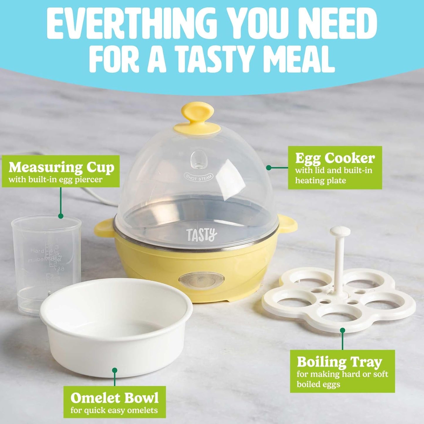 Tasty Mini Egg Cooker - 5-Egg Capacity for Perfect Hard Boiled Eggs & Omelets | Auto Shut Off, Yellow