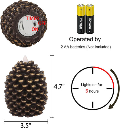 Wondise Flameless Candles - Battery Operated Real Wax Pine Cone Design with Timer | Set of 2, Brown (D3.5 x H4.7 Inch)