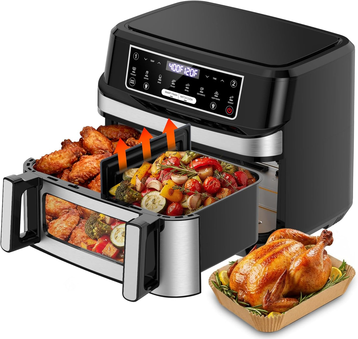 Skiennix 1600W Dual Zone Air Fryer Oven - 12.69QT Nonstick Basket with Smart Finish & Digital Touchscreen