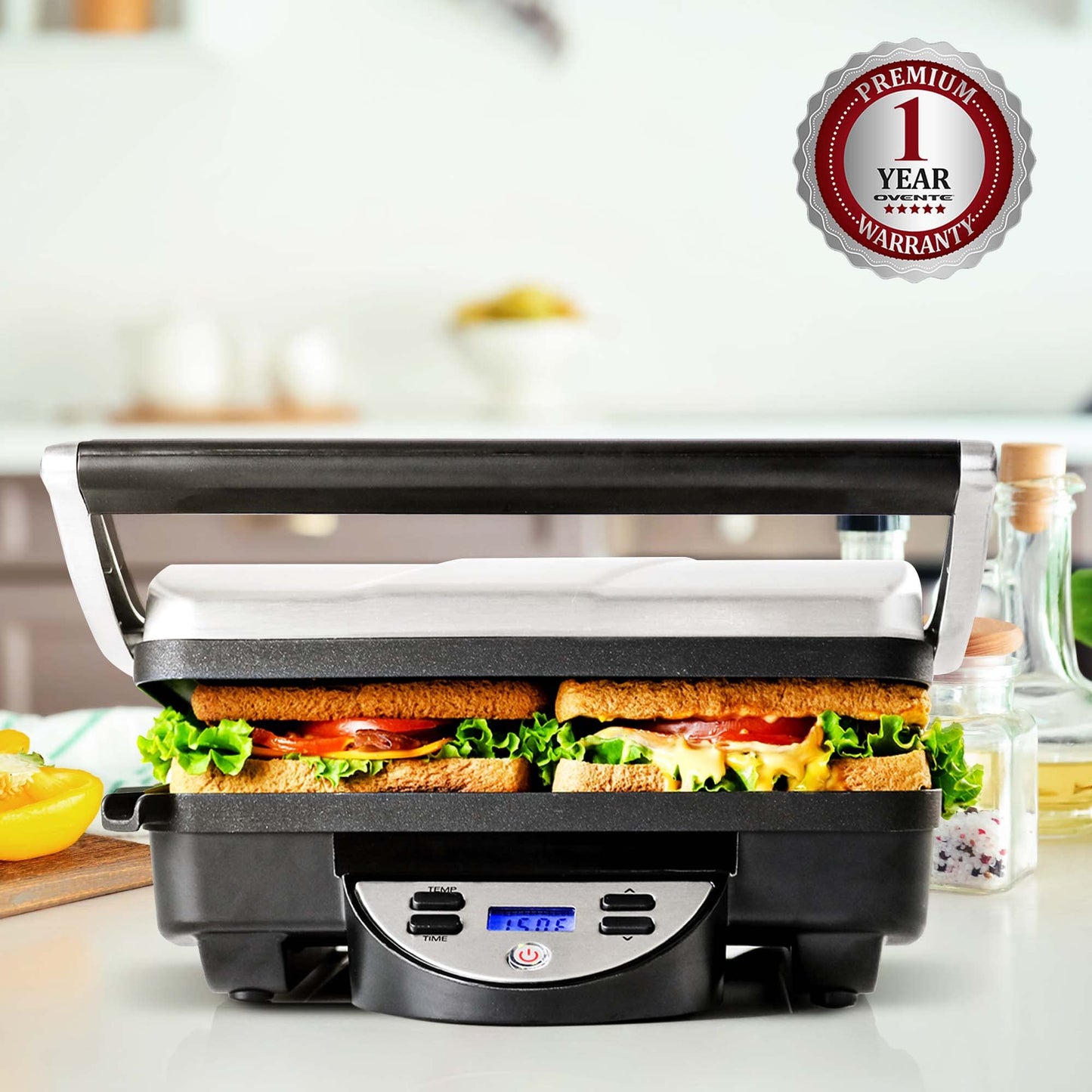 OVENTE Electric Panini Press Sandwich Maker, 1500W Indoor Grill with Nonstick Coated Plates, Digital Temperature and Timer Display, Removable Drip Tray, Perfect for 4-Slice Sandwiches, Silver GP1000BR