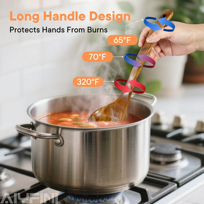 Skiennix Non-Toxic Wooden Kitchen Utensils Set - 15.4" Long Handle Spatula, Turner, Ladle & More