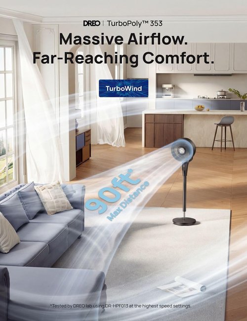 DREO Fan for Bedroom, 2026 Upgraded, 90ft Airflow, 20dB Quiet Fan, 90° Oscillating Standing Fan for Whole Room, DC Motor, 8+H Speeds, 3 Modes, 38-42'' Adjustable Height, 8H Timer, 105° Manual Vertical