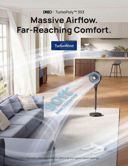 DREO Fan for Bedroom, 2026 Upgraded, 90ft Airflow, 20dB Quiet Fan, 90° Oscillating Standing Fan for Whole Room, DC Motor, 8+H Speeds, 3 Modes, 38-42'' Adjustable Height, 8H Timer, 105° Manual Vertical