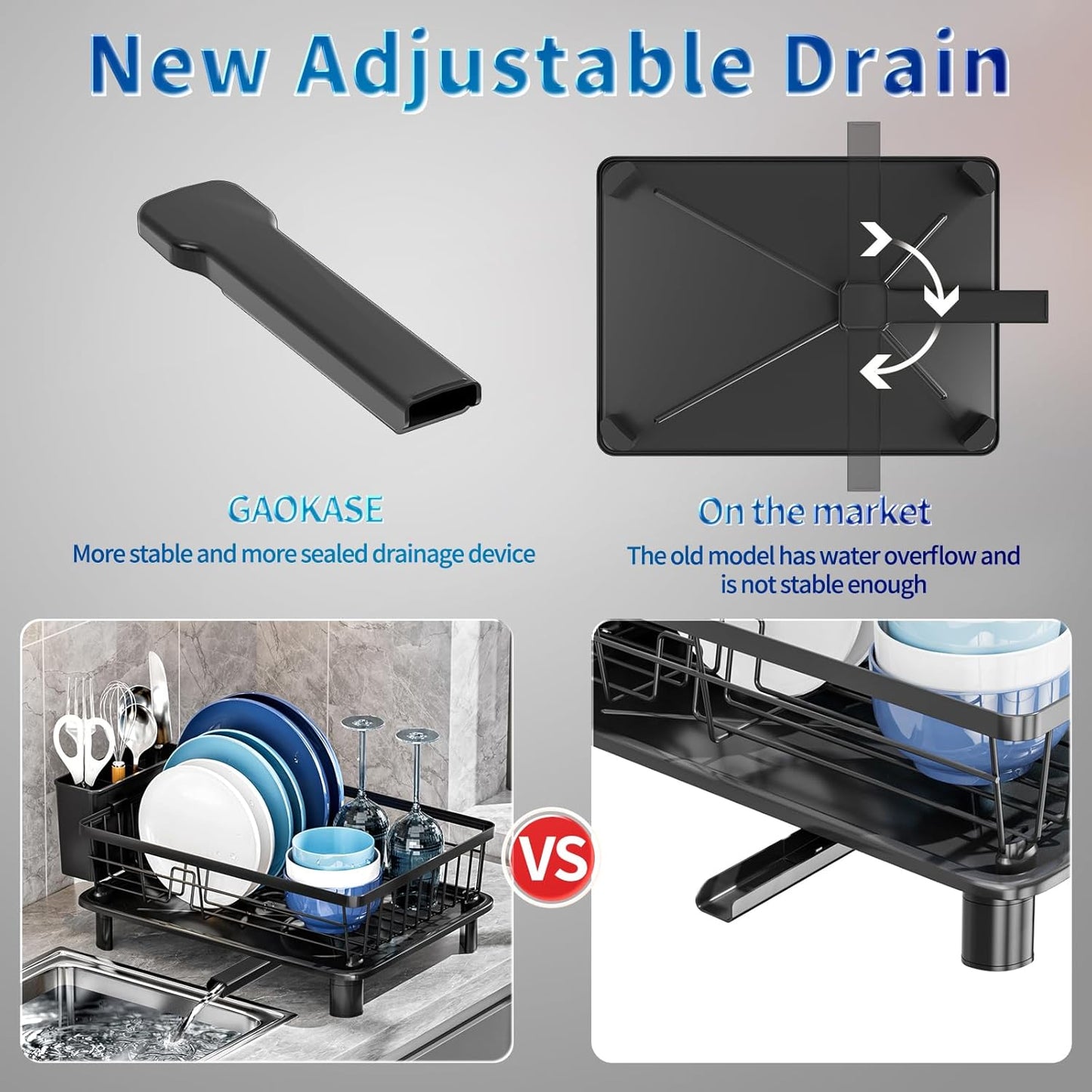 Skiennix Stainless Steel Dish Drying Rack - Removable Utensil Holder & New Drain Outlet | Black 11" W x 15" L