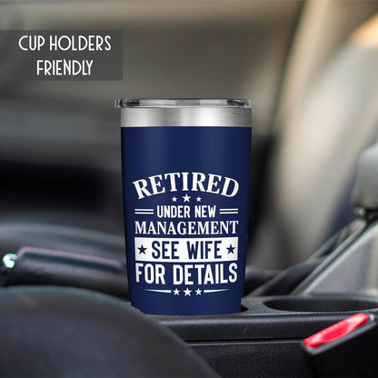Retirement Gifts for Men 2026 - Retired Under New Management - Retirement Tumbler for Men Husband, Boyfriend, Father, Boss - Cool Gifts 20oz Navy Tumbler Birthday, Anniversary, Christmas