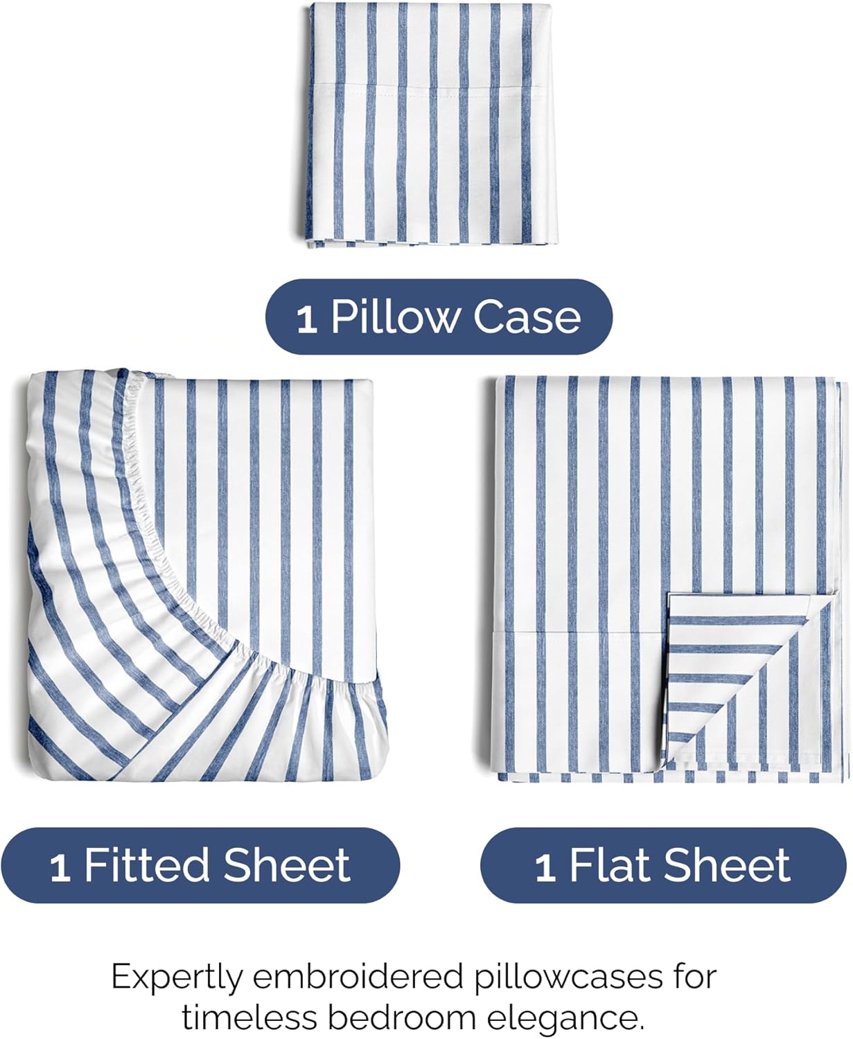 Skiennix Twin Size Sheet Set - Comfy Cooling Bed Sheets with Deep Pockets - Luxury Blue Stripes