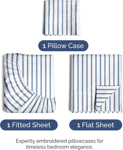 Skiennix Twin Size Sheet Set - Comfy Cooling Bed Sheets with Deep Pockets - Luxury Blue Stripes