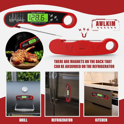 AWLKIM Digital Meat Thermometer - Instant Read Waterproof Kitchen & Grill Thermometer | Red with Backlight