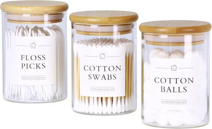 INIUNIK Qtip Holder Dispenser - Glass Apothecary Jars with Lids | Bamboo Bathroom Organizer Set