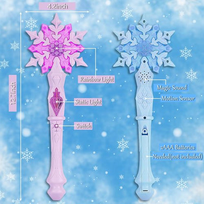 EnrichFun Light Up Frozen Snowflake Wand - Motion Sensitive Magic Princess Toy for Kids | 4 Pack (2 Blue & 2 Pink)