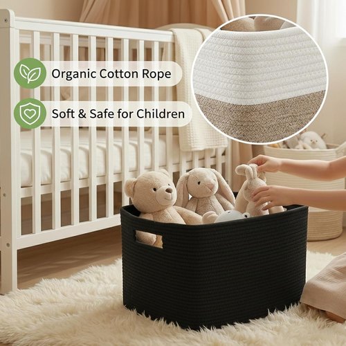 JMvicyroam Woven Blanket Basket - 65L Large Storage Bin for Toys, Clothes & Blankets | Black Decorative Rope Design
