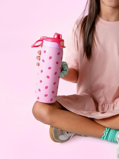 Ello Pop & Fill 18oz Stainless Steel Kids Water Bottle - Quick Fill Lid, Vacuum Insulated, BPA Free, Leak Proof, Dishwasher Safe | Perfect Gift for Kids & Teens, Strawberries