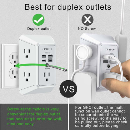 QINLIANF Wall Charger - 5 Outlet Surge Protector with 4 USB Ports | 3-Sided 1680J Power Strip for Home & Office
