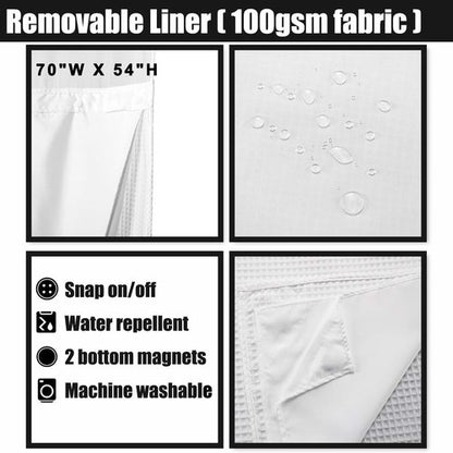 Hotel Style Cotton Shower Curtain with Snap-in Fabric Liner, Mesh Window Top, Honeycomb Waffle Weave Cotton Blend Fabric, Washable, White, 72x72 Inches