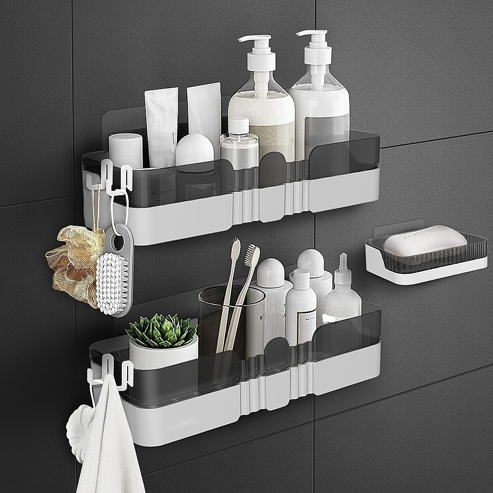 Skiennix Shower Caddy - Separable Organizer with Soap Dish & Hooks | No-Drill Double Layer Shelf (Black)