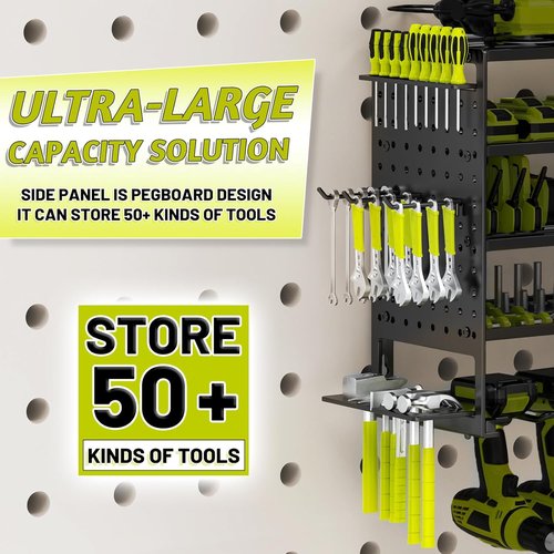 5 Layers Power Tool Organizer - Heavy-Duty Metal Wall Mount Storage Rack with 8 Drill Holders | Black