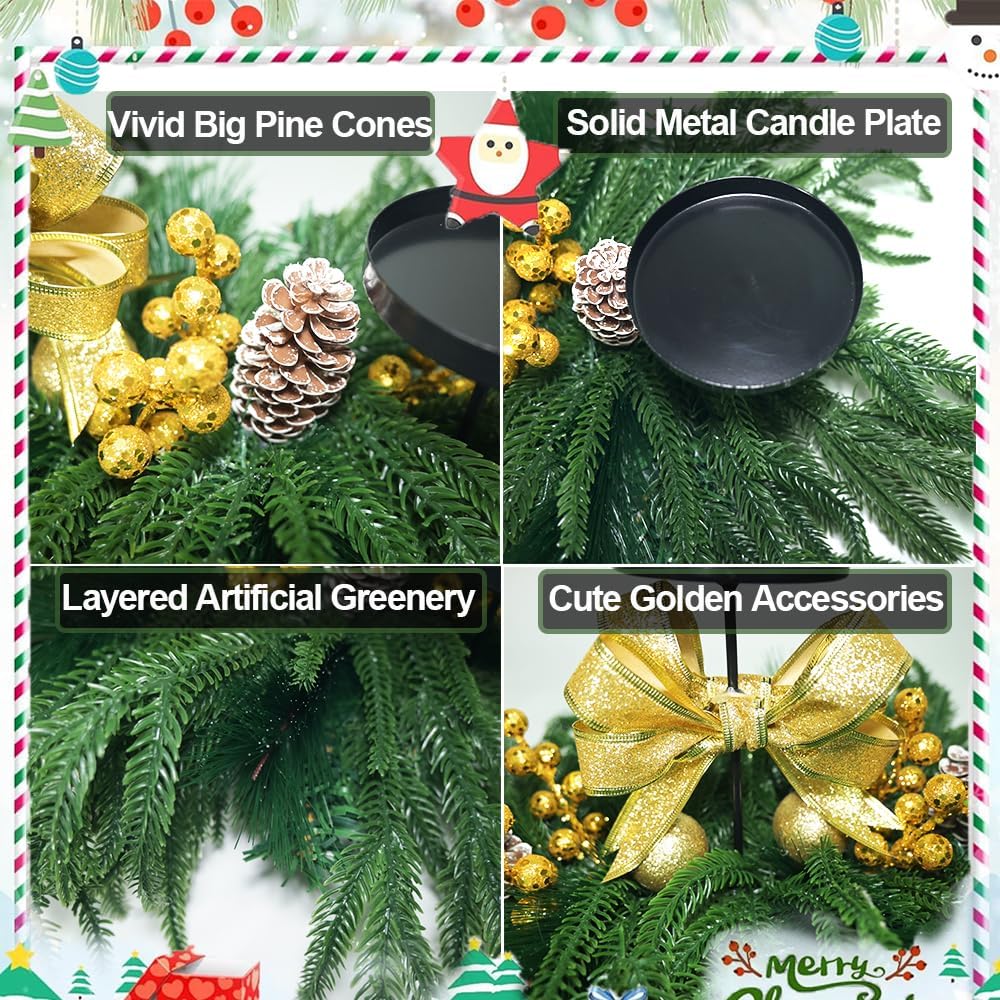 Skiennix Christmas Centerpiece - Elegant Candle Holders with Golden Glitter Bow & Pine Cones | 27.6" Table Decor