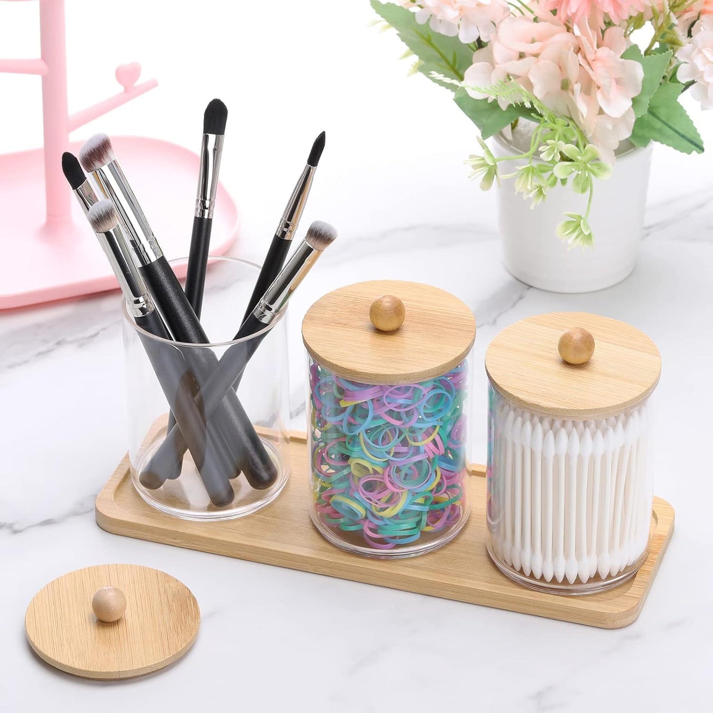 Tbestmax Cotton Swab Holder - Clear Apothecary Jar with Vanity Tray | 10 Oz, 3 Pack with Wood Lids