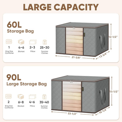 BALEINE 6 Pack Clothes Storage Bags - 16 Gallon Containers with Reinforced Handles | Grey Closet Organizer for Bedding