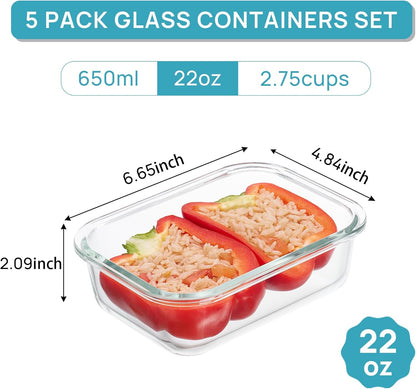 Vtopmart Glass Storage Containers - 22oz Meal Prep Set with Airtight Snap Lids | 5-Pack, Blue