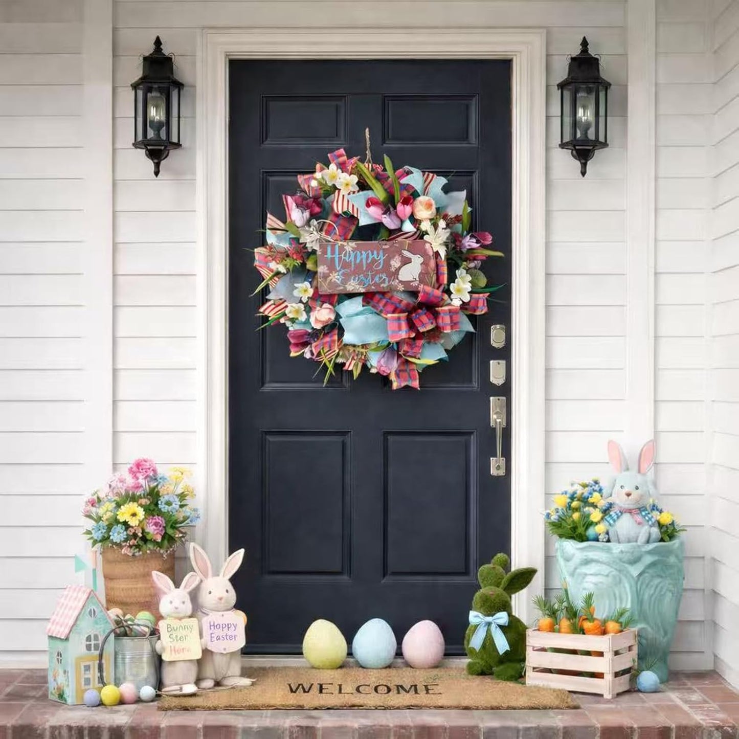 Spring Easter Bunny Wreath - 22 Inch Floral Design with Pink Tulips for Front Door Decor